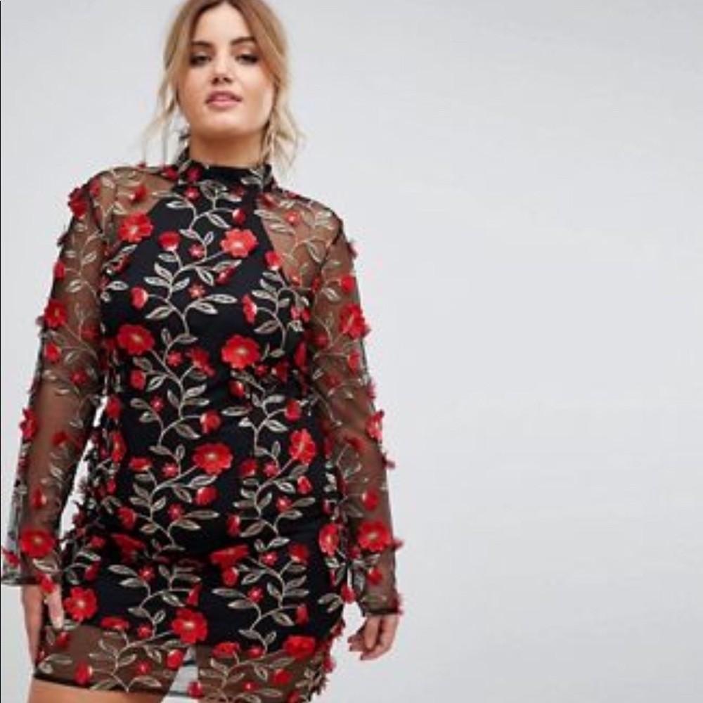 ASOS Club L plus High Neck Red Rose embroidered